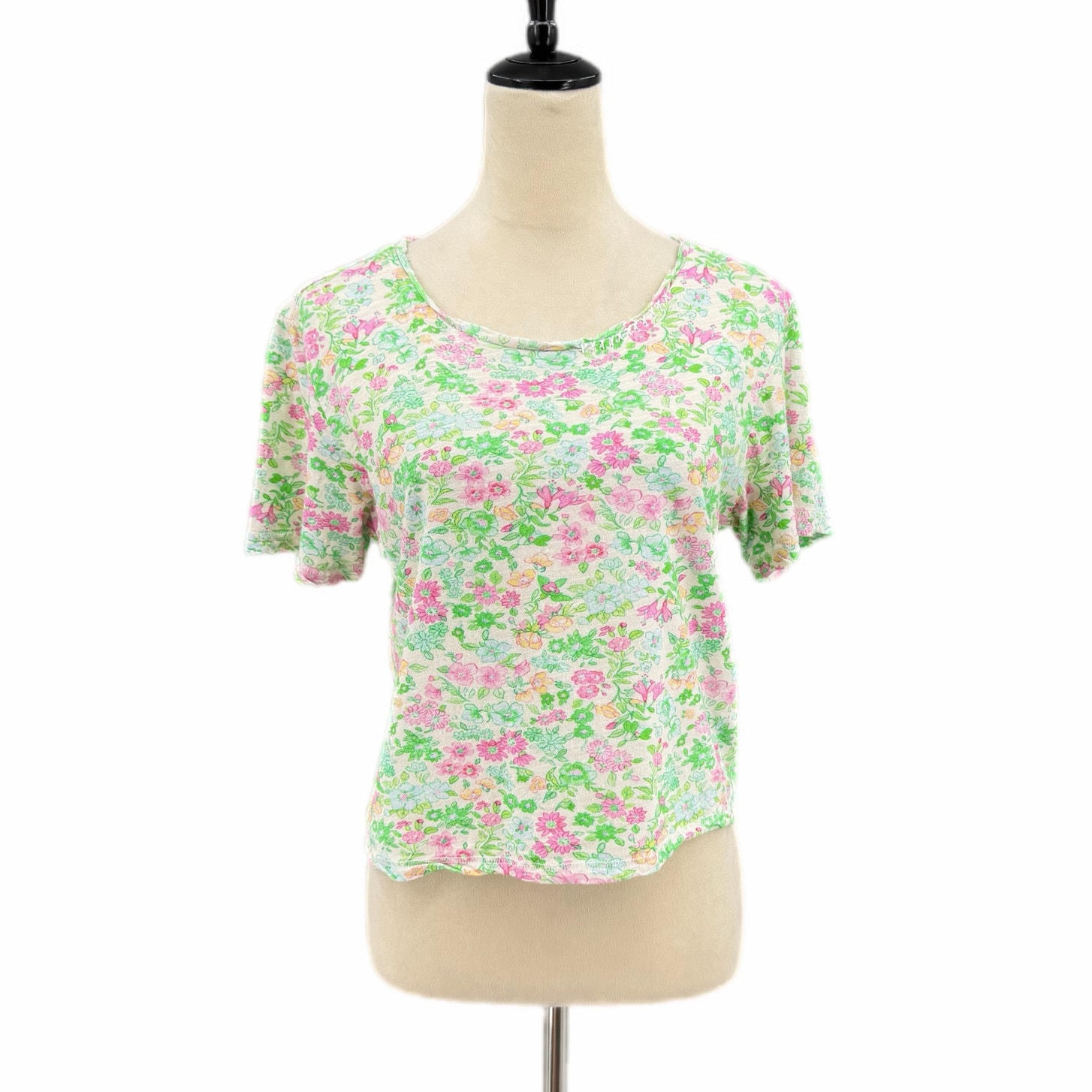 Love Shack Fancy Calix 100% Cotton Floral White Green Short Sleeve T-Shirt Tee